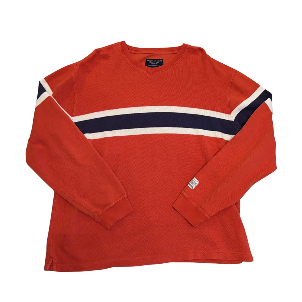 American Eagle Y2K Orange and Navy Striped Sweater